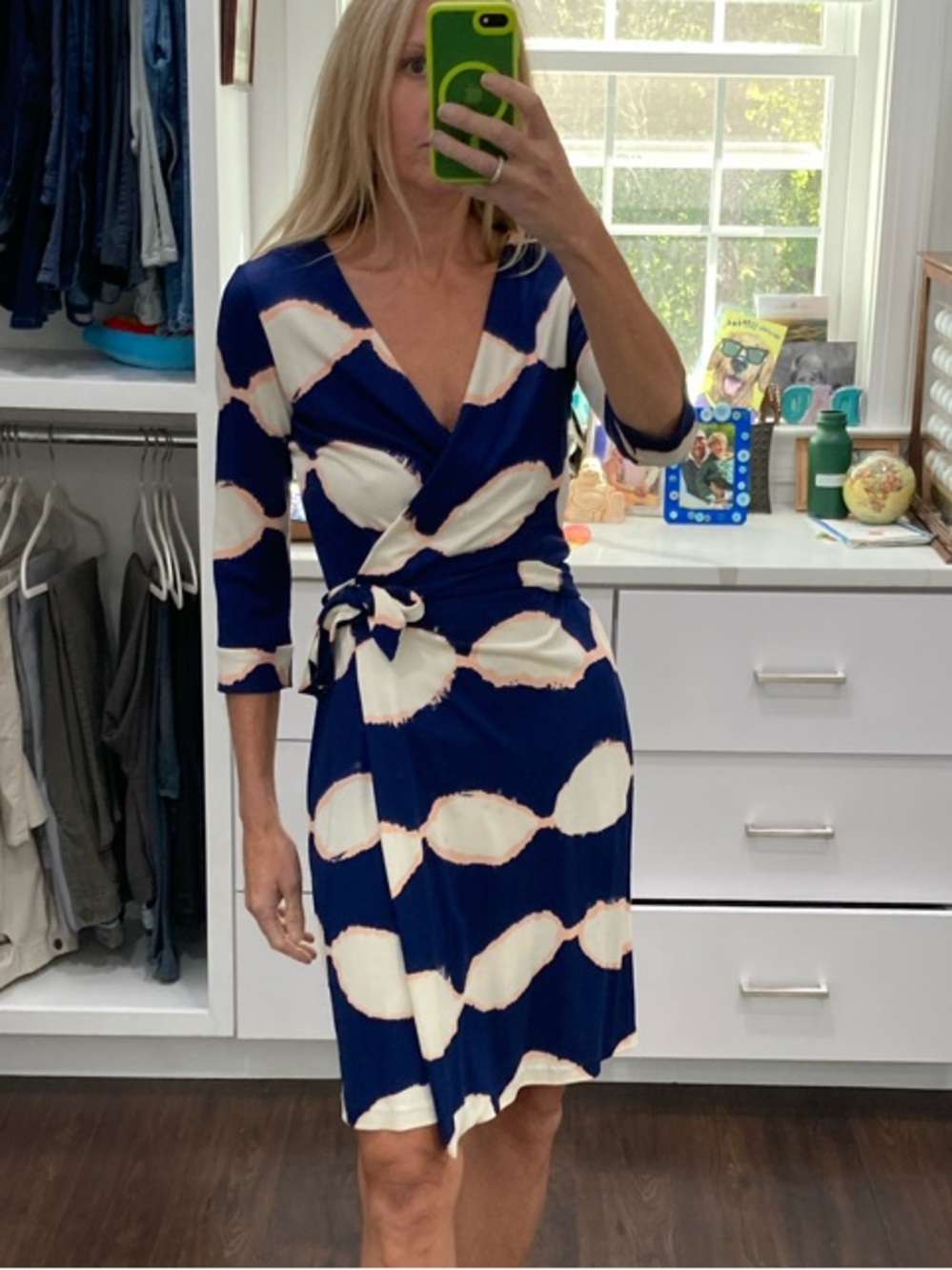 Diane Von Furstenberg Navy and White Wrap Dress with Tie
